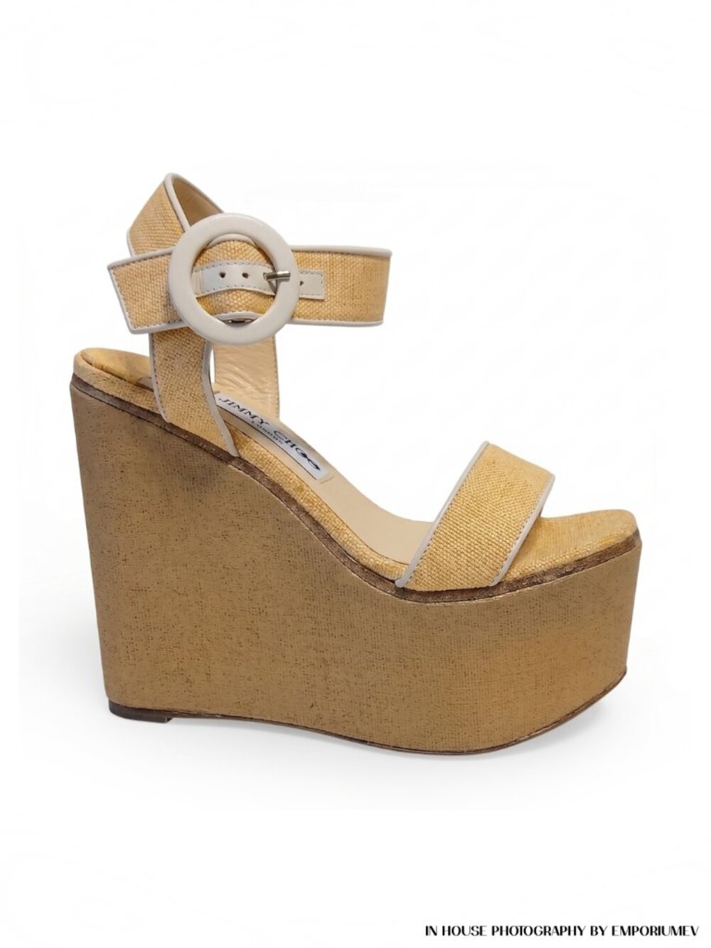 Jimmy Choo Abigail 140 Light Yellow Canva Women 37 EUR 7 US Wedge Sandals